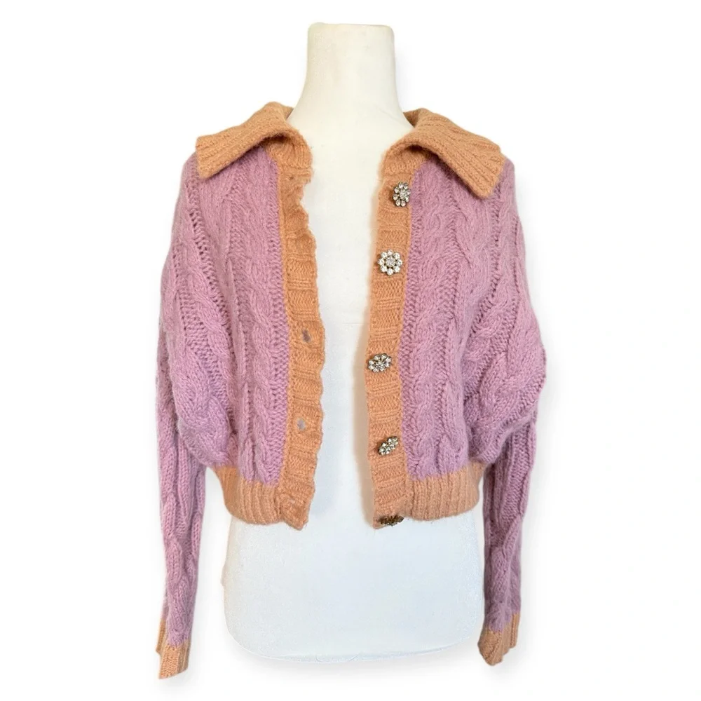 Lush Pink Orange Contrast Trim Cable Knit Cropped Cardigan Small Fairy Indie Fun - Picture 1 of 6